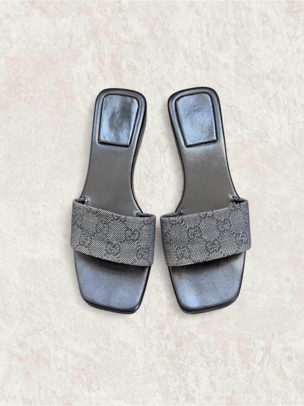 Auth Gucci Tom Ford Black Grey GG Monogram Canvas Sandal Slide Mules